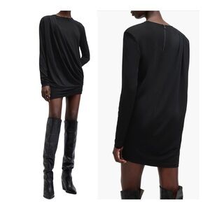 AllSaints Black Draped Long-Sleeve Mini Dress